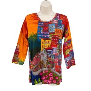 Orientique Avant Garde Shirt Women Art Cityscape Bicycle Australia Preppy Size S